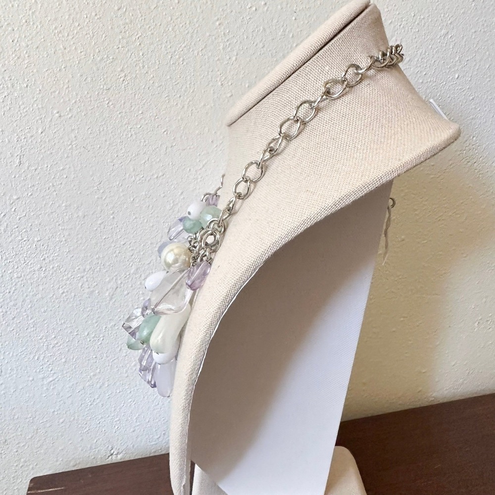 Pastel Beaded Statement Necklace Silver Chain Bib Seaglass Mermaid Y2K Chunky - Picture 5 of 10